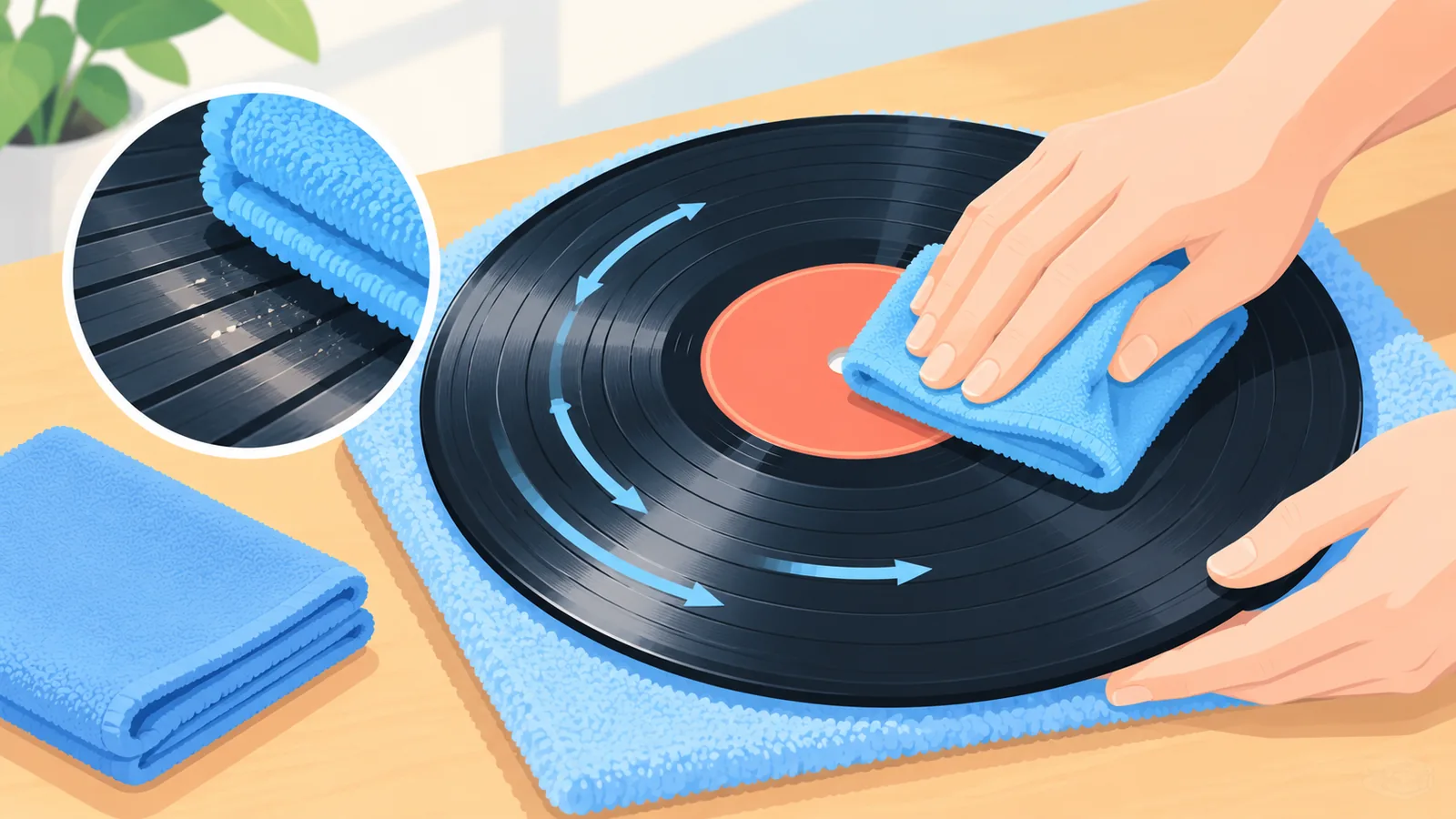 Manos limpiando un disco de vinilo con un paño de microfibra
