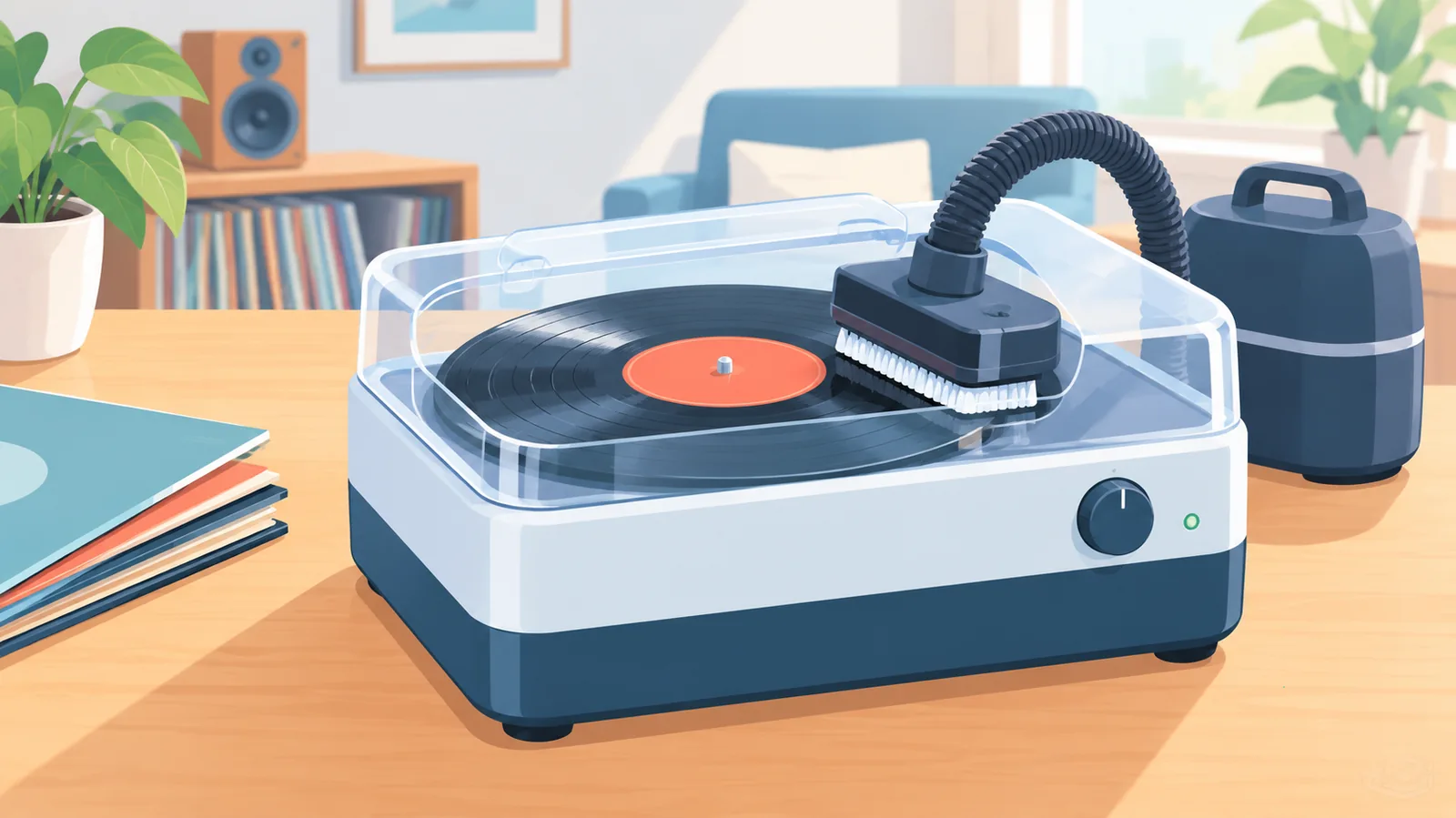 Máquina de limpieza de discos de vinilo por aspiración en funcionamiento