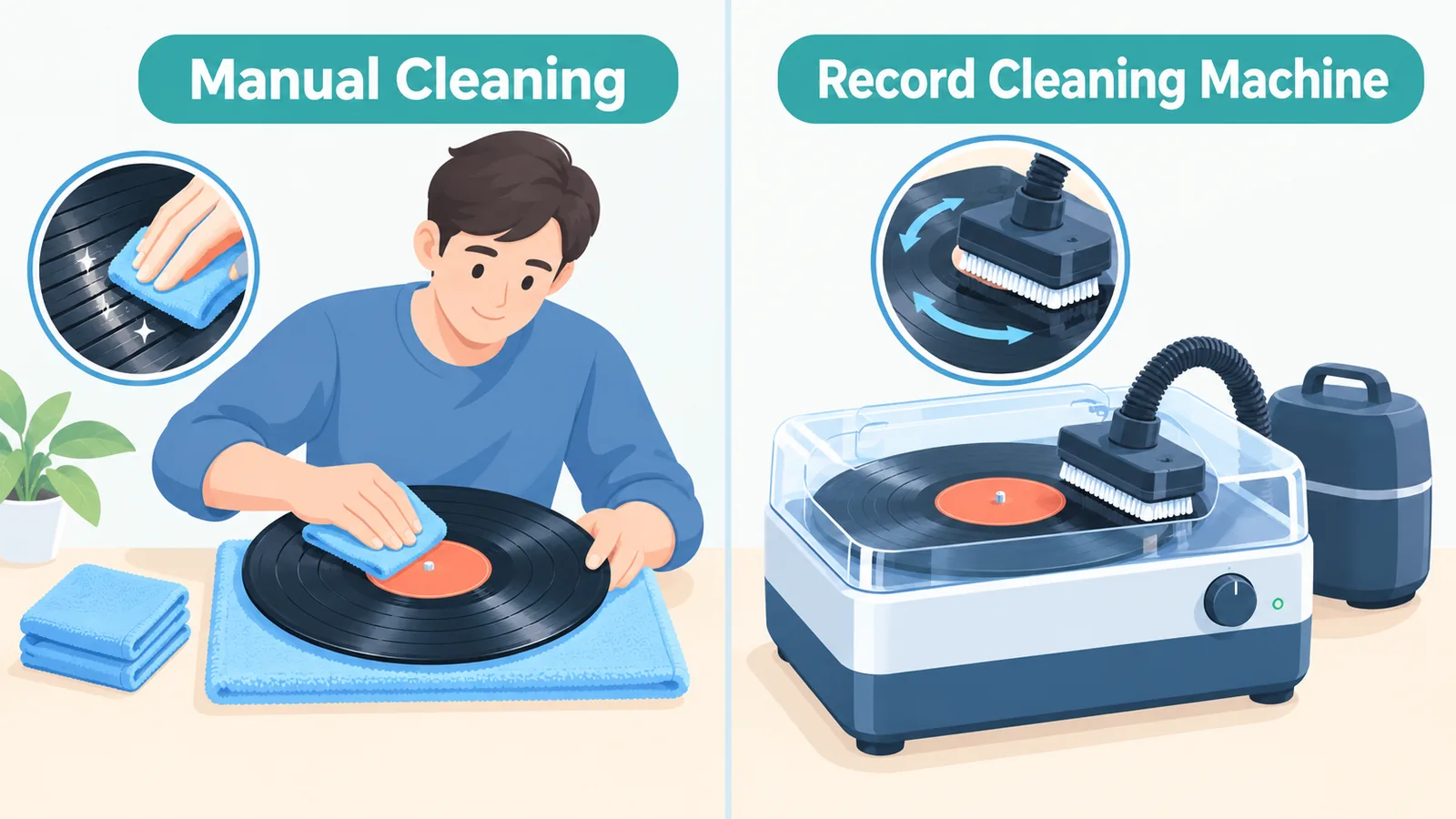 Comparación entre limpieza manual y limpieza con máquina de discos de vinilo