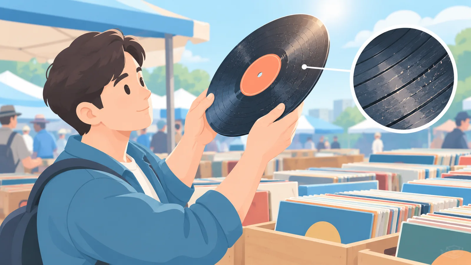 Disco de vinilo usado con suciedad revisado a contraluz en un mercadillo