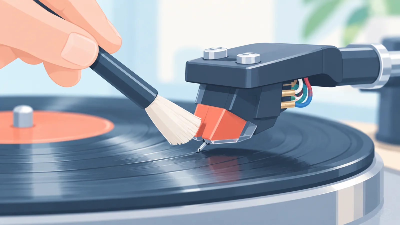 Púa de tocadiscos limpiada con un cepillo suave