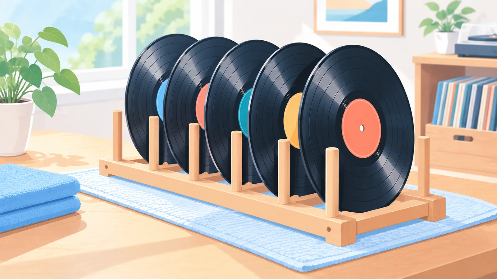 Discos de vinilo secándose en vertical sobre un soporte de madera