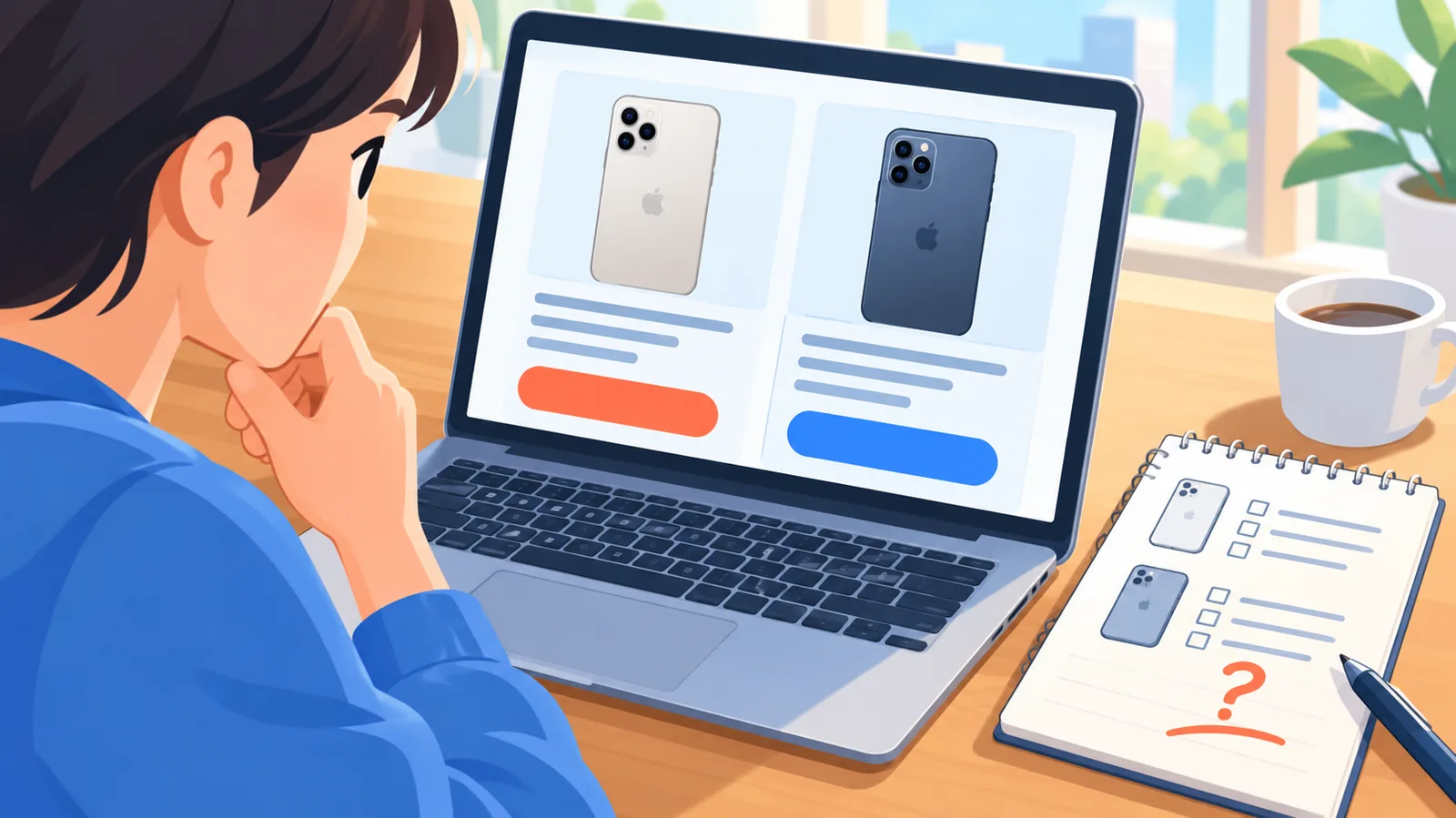 Persona comparando la ficha de un iPhone en el móvil y en un portátil antes de comprar
