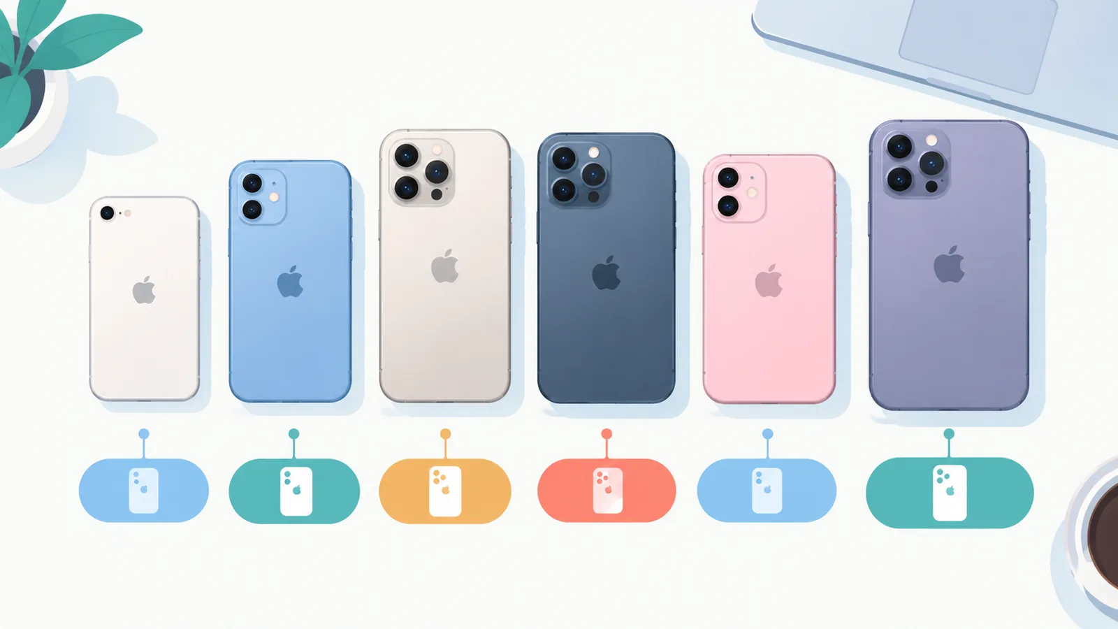 Distintos iPhone de varias generaciones colocados en fila sobre una mesa