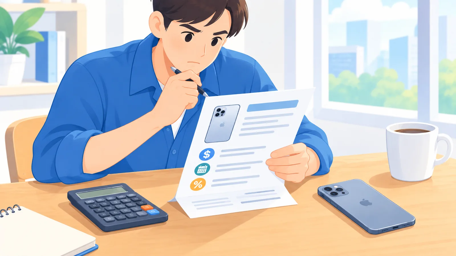 Persona revisando el contrato de financiación de un móvil con calculadora