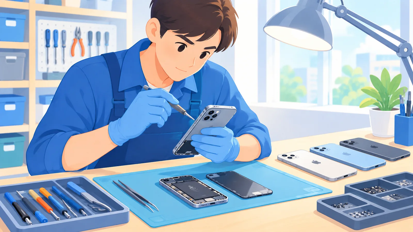Técnico revisando un iPhone reacondicionado en un taller