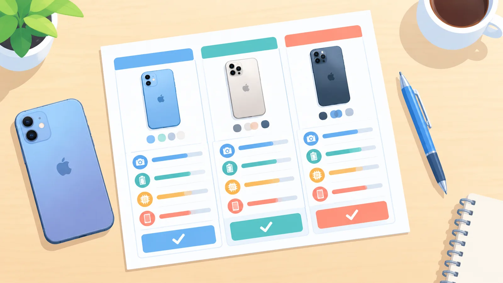Tabla de comparación de opciones de compra de iPhone sobre un escritorio