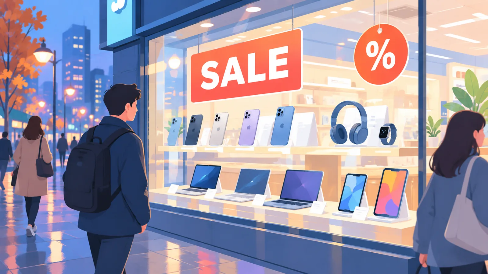Escaparate de una tienda de electrónica con carteles de descuentos en noviembre