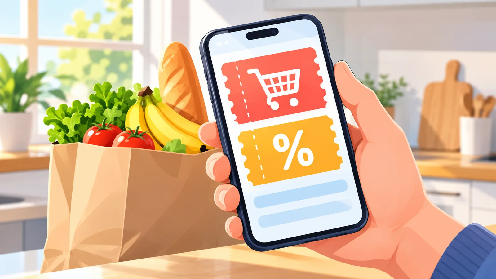 Persona usando una app de cupones de supermercado en el móvil