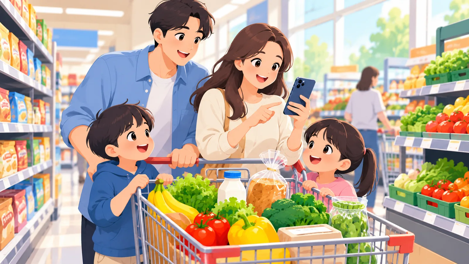 Familia aprovechando cupones durante la compra semanal