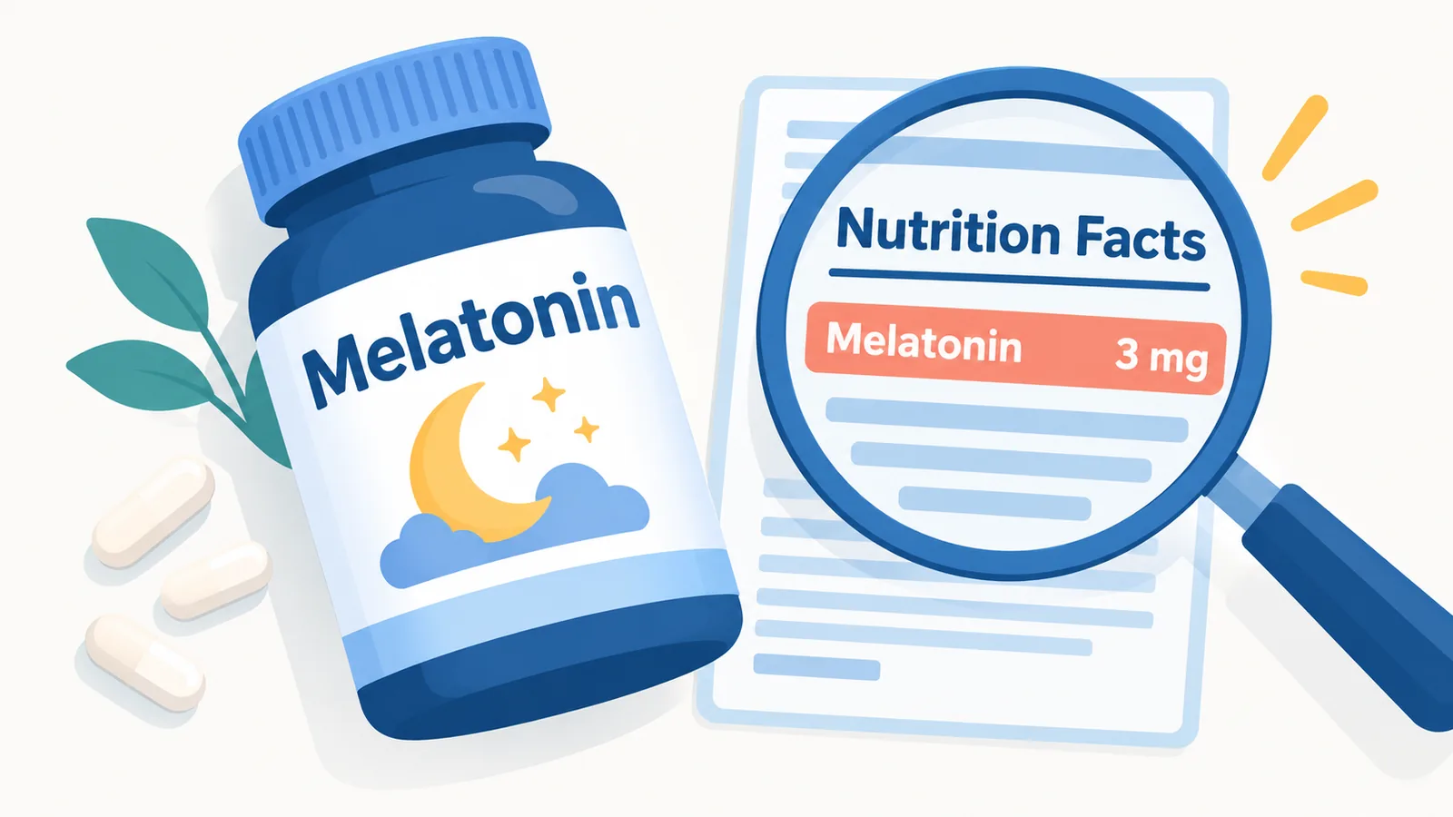 Bote de melatonina junto a una lupa sobre la etiqueta nutricional