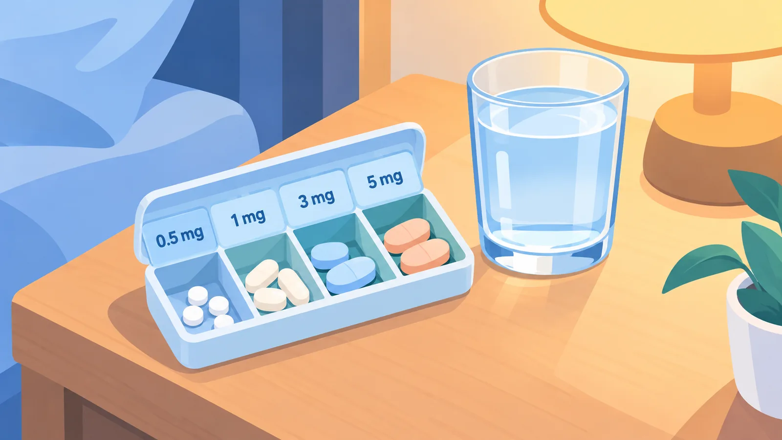 Organizador de pastillas con distintas dosis junto a un vaso de agua