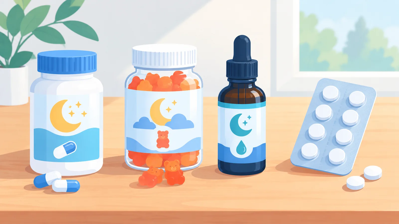 Cuatro formatos distintos de suplementos para dormir sobre una mesa de madera