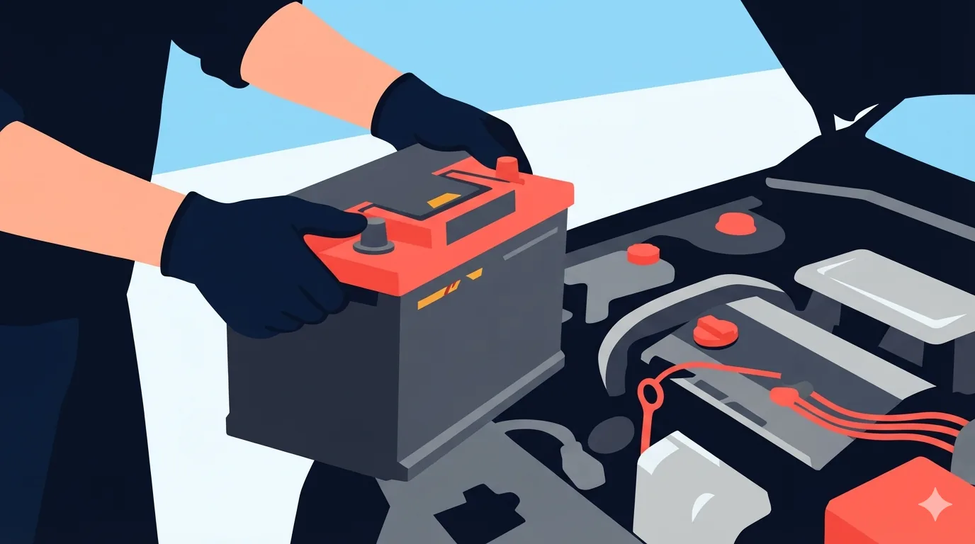 Mekaniko na humahawak ng car battery sa loob ng engine bay