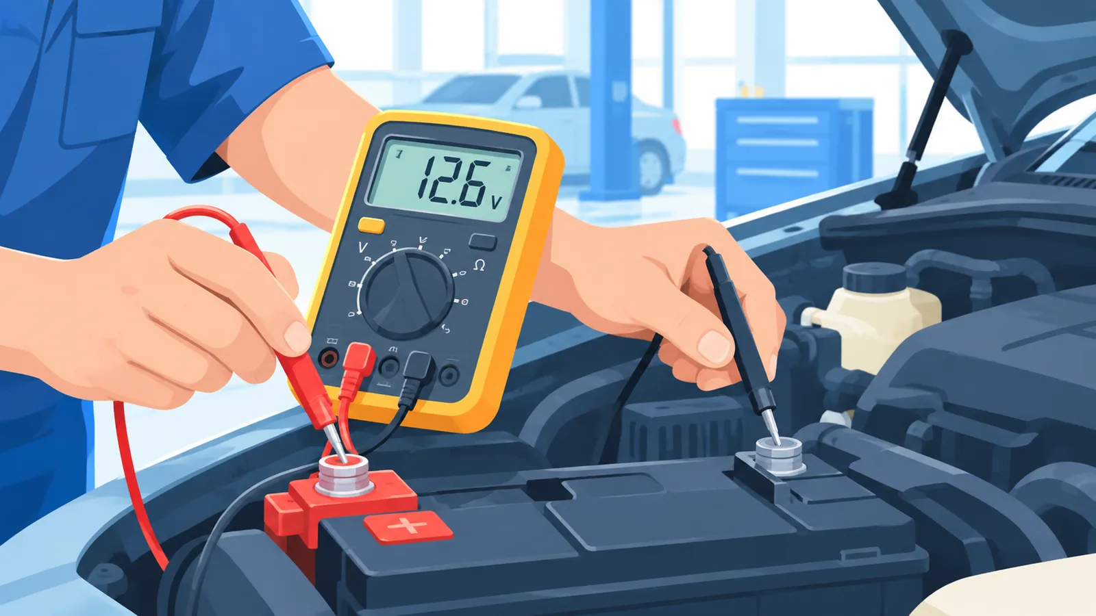 Technician na sumusukat ng voltage ng car battery gamit ang multimeter