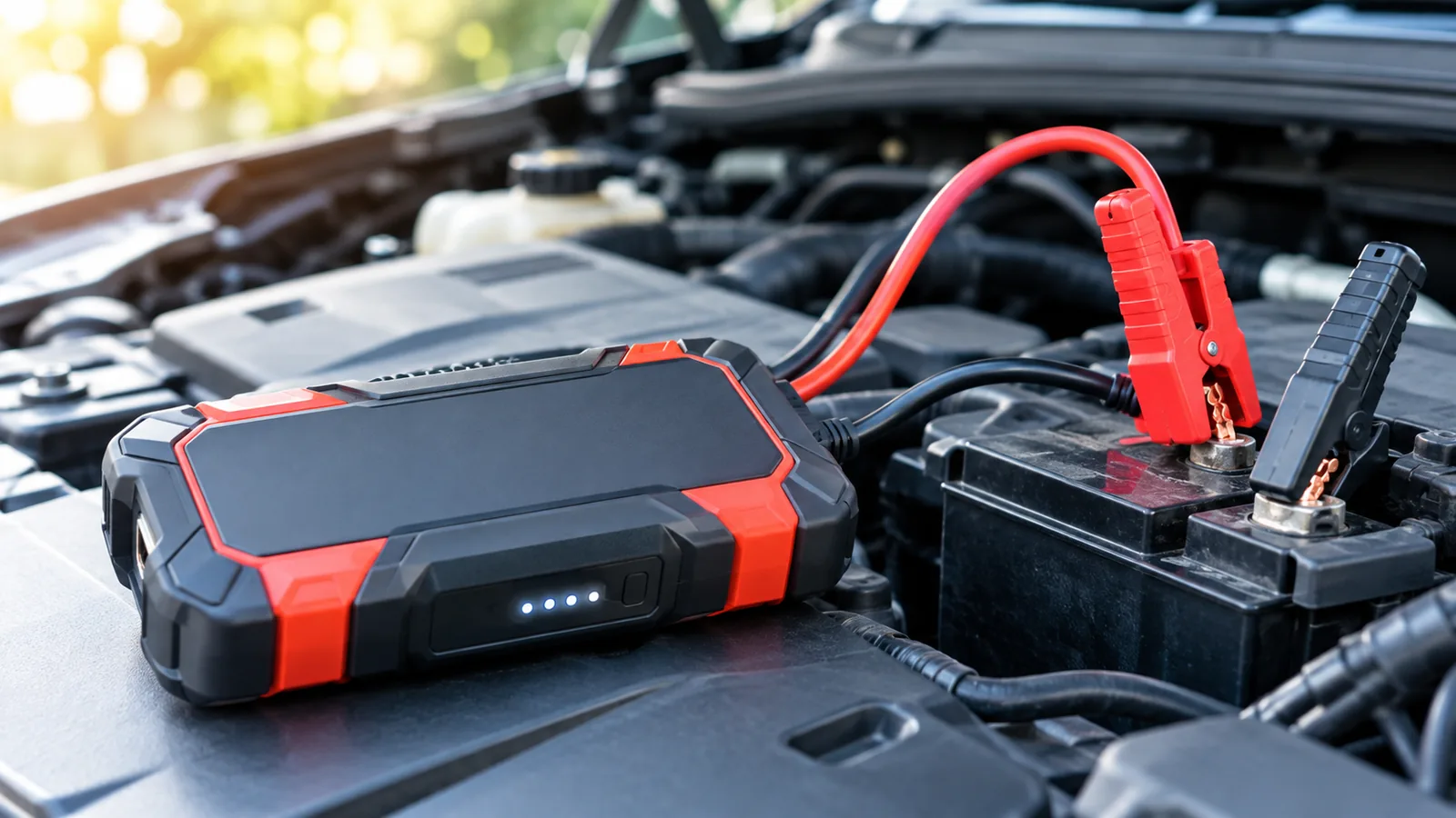 Portable jump starter na nakalagay sa tabi ng baterya ng sasakyan
