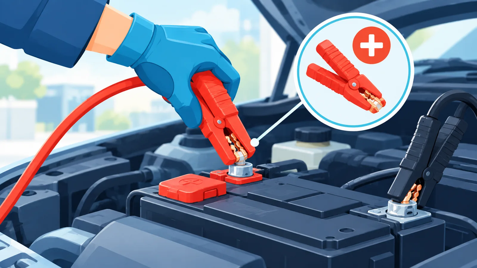 Pagkonekta ng positive clamp sa terminal ng baterya