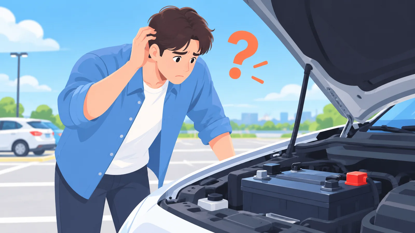 Driver na sumusuri ng patay na baterya sa ilalim ng hood