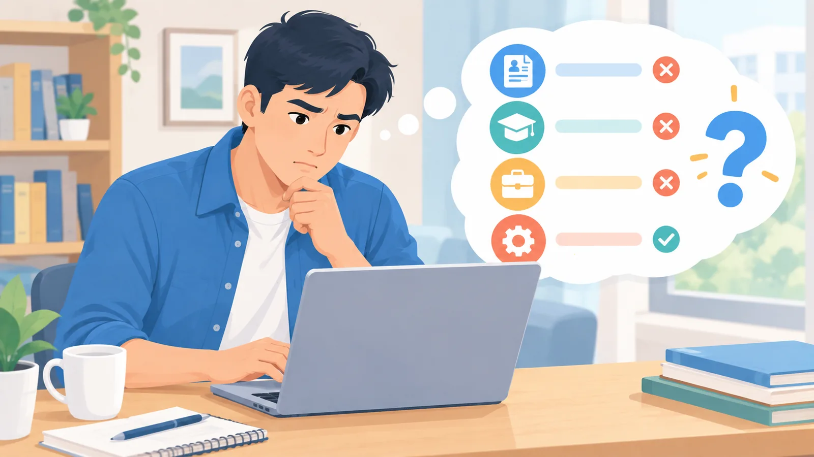 Nag-aalala na aplikante habang tumitingin sa laptop