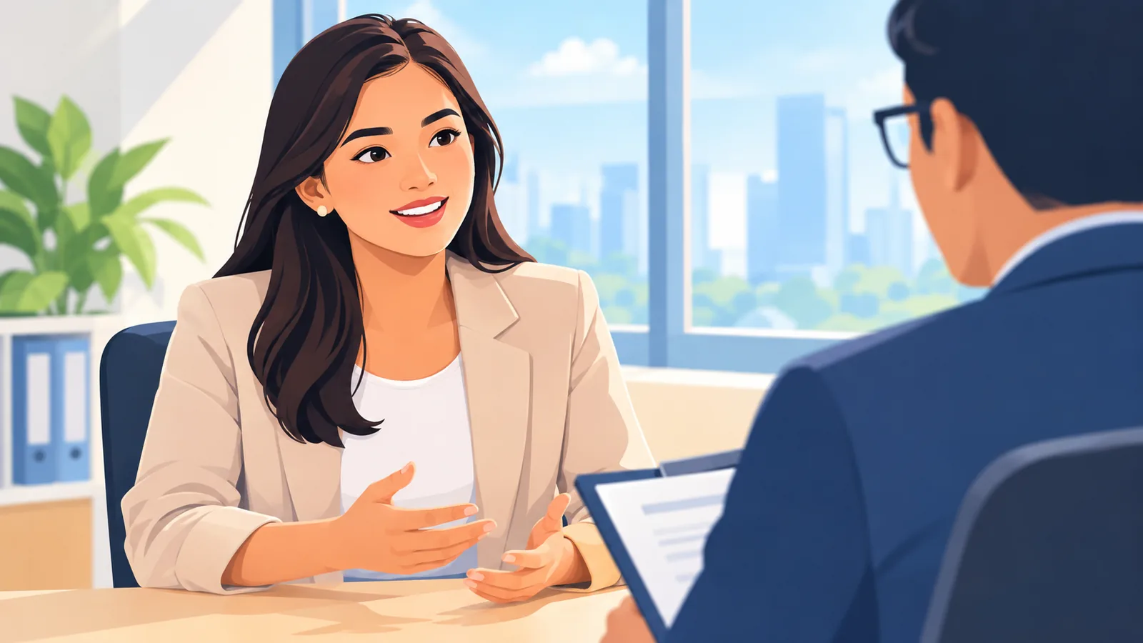 Propesyonal na kandidato na kumpiyansang nakikipag-usap sa job interview