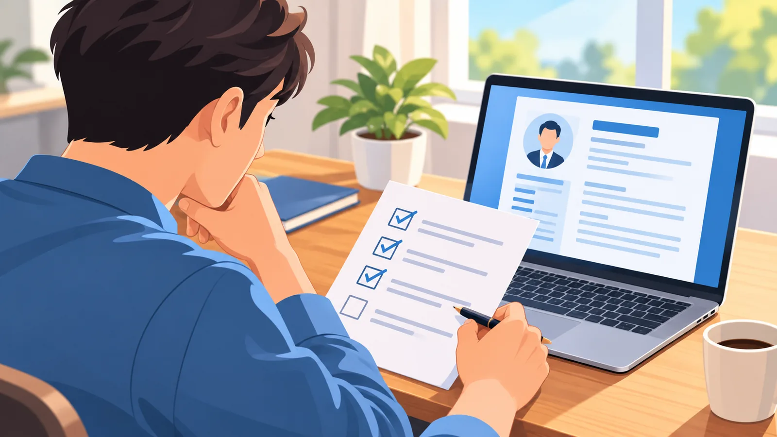 Larawan ng taong nagsusuri ng listahan ng mahahalagang tampok bago pumili ng resume builder