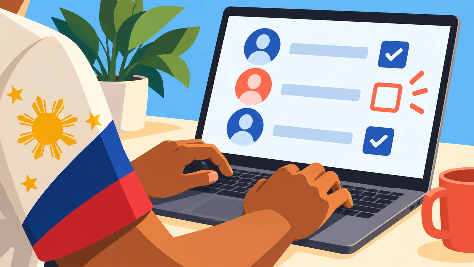 Organizer na sumusuri ng volunteer sign-up list sa laptop