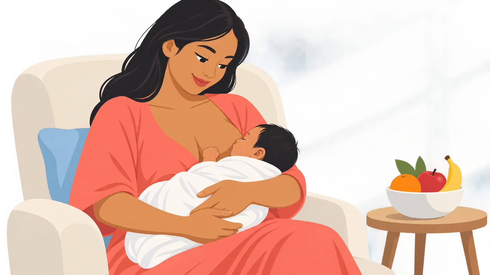 Nanay na nagpapasuso ng sanggol habang may malusog na pagkain sa tabi