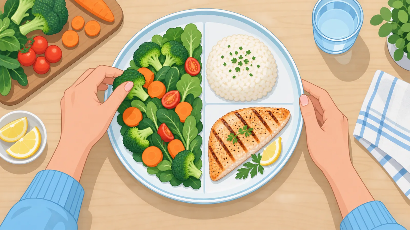 Kamay na nagbibilang ng masustansyang pagkain sa mesa