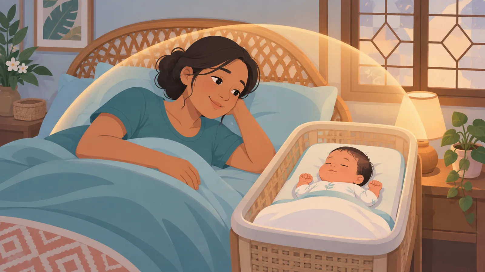 Nanay na nagpapahinga sa kama kasama ang bagong panganak na sanggol