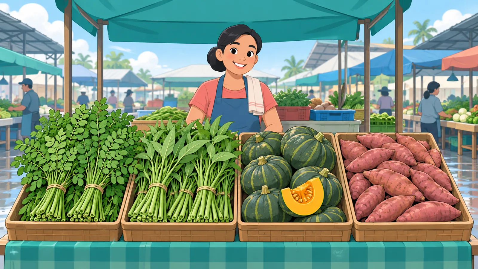 Mga gulay na malunggay, kangkong, at kalabasa sa palengke