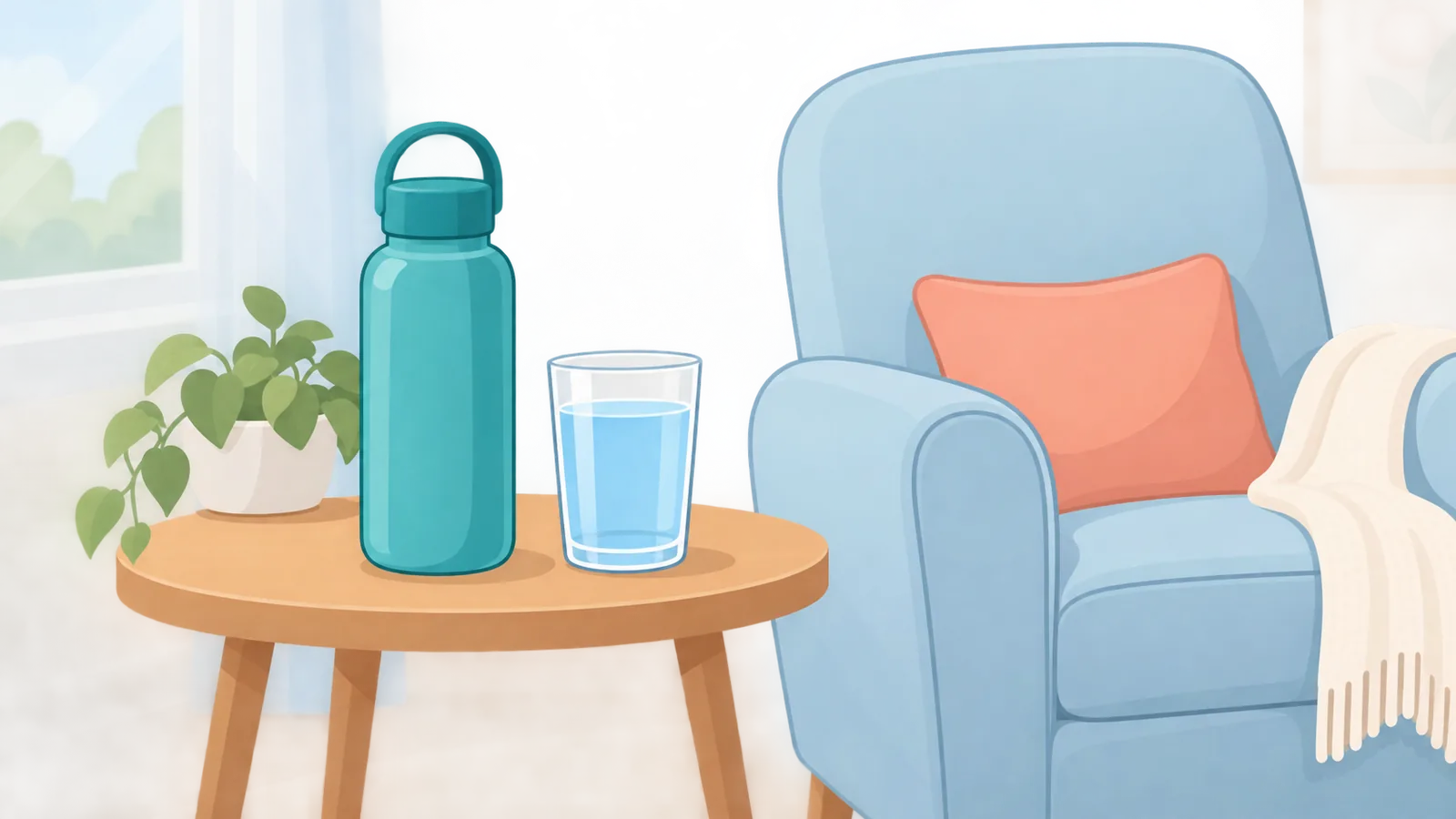 Bote ng tubig at baso sa tabi ng upuan ng pagpapasuso
