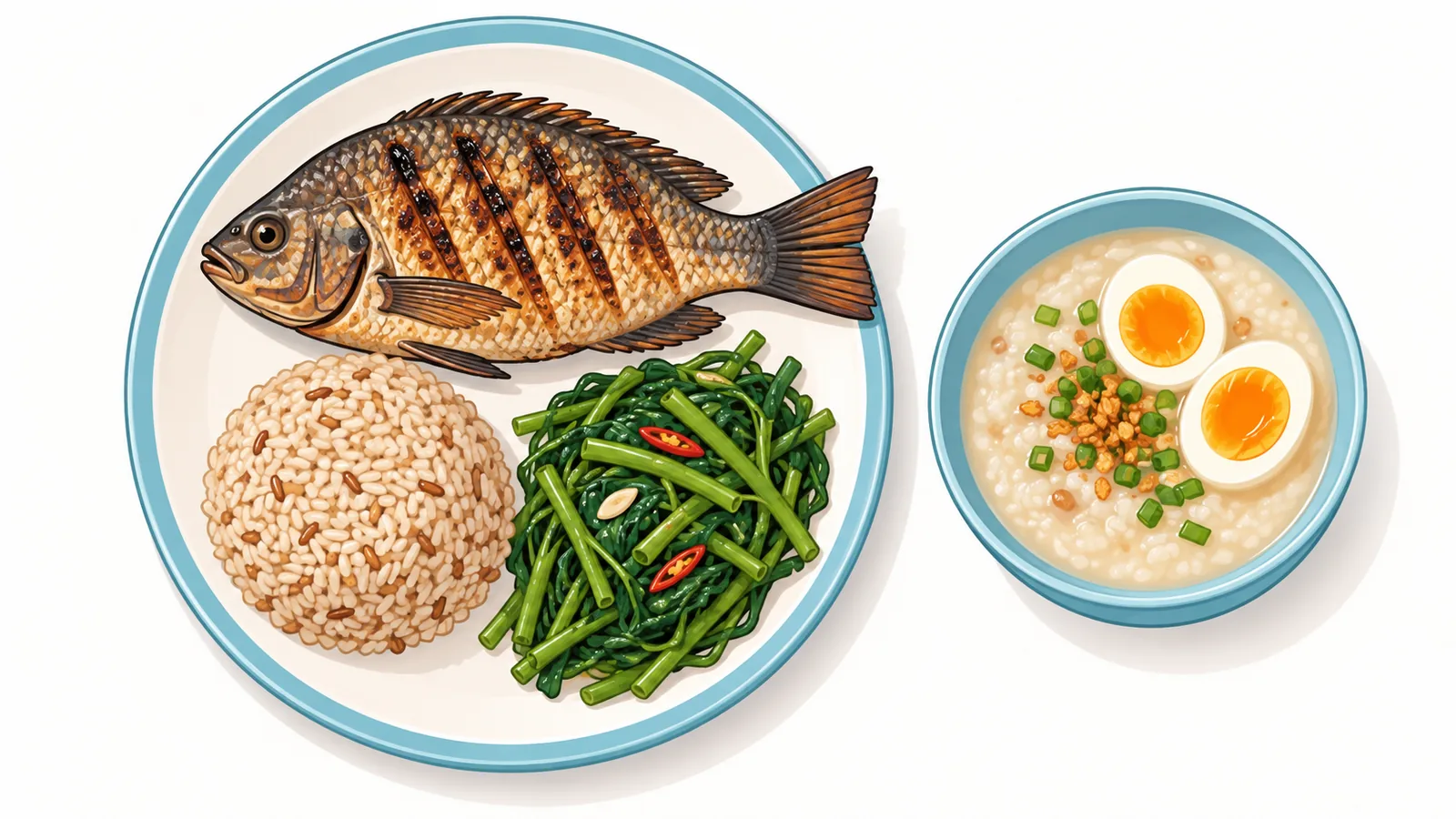 Plato ng inihaw na tilapia, brown rice, at gulay