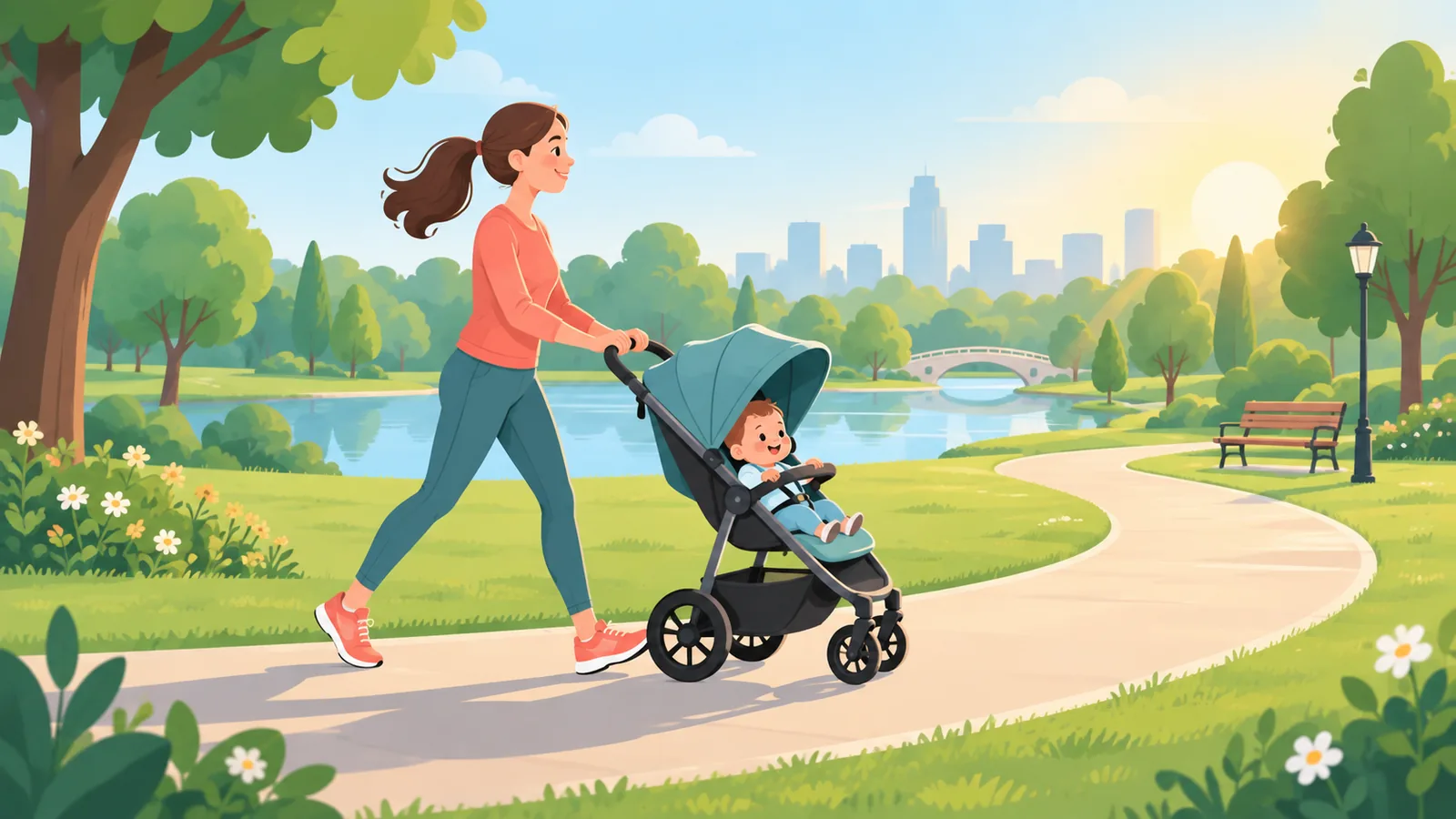 Nanay na naglalakad sa parke habang tulak ang stroller
