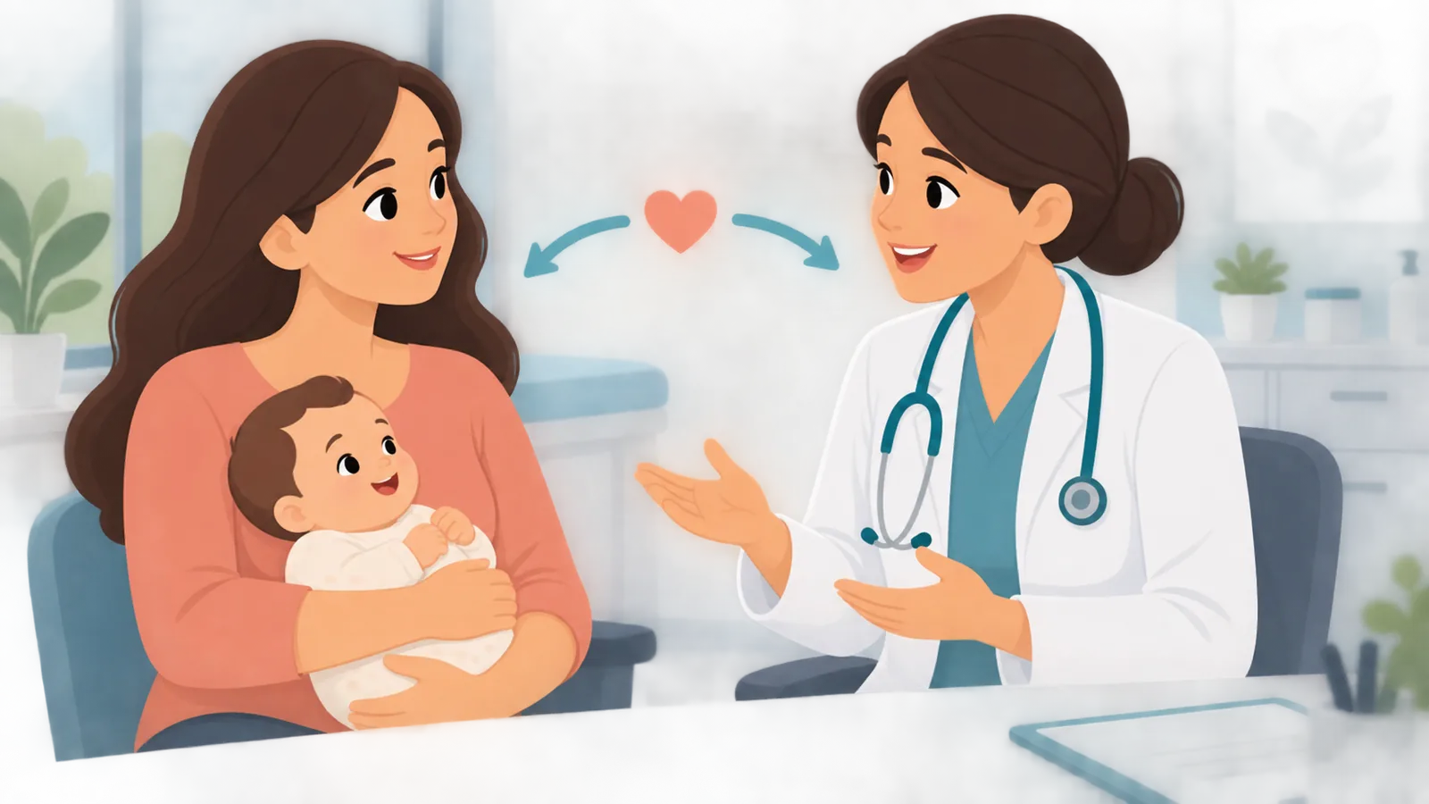 Nanay na kausap ang doktor sa klinika habang karga ang sanggol