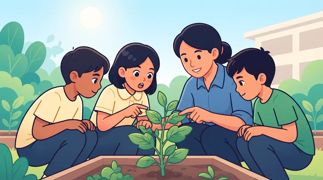 Mga estudyante at guro na sabay-sabay na sinusuri ang halaman sa hardin ng paaralan
