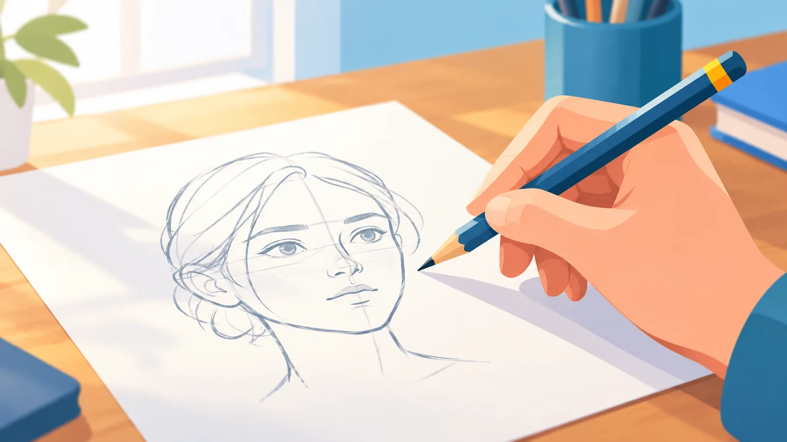 Kamay ng artist na may hawak na lapis sa harap ng guhit ng ulo
