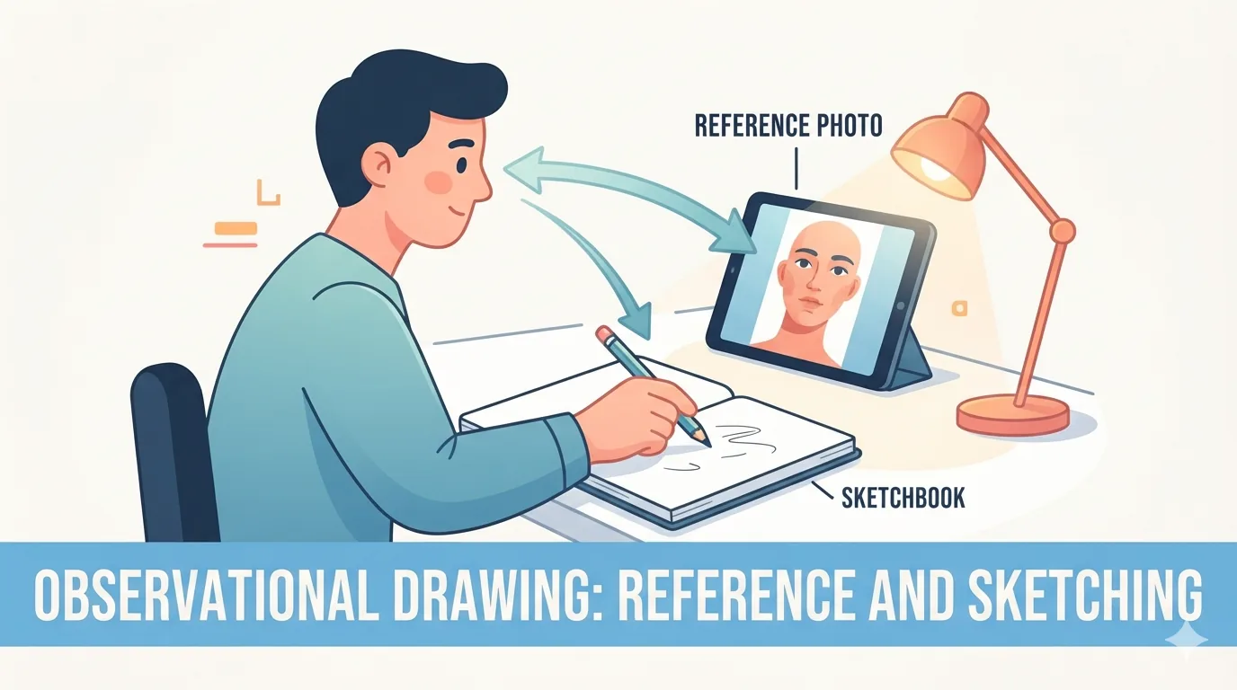 Artist na gumuguhit habang tumitingin sa reference na litrato sa tablet