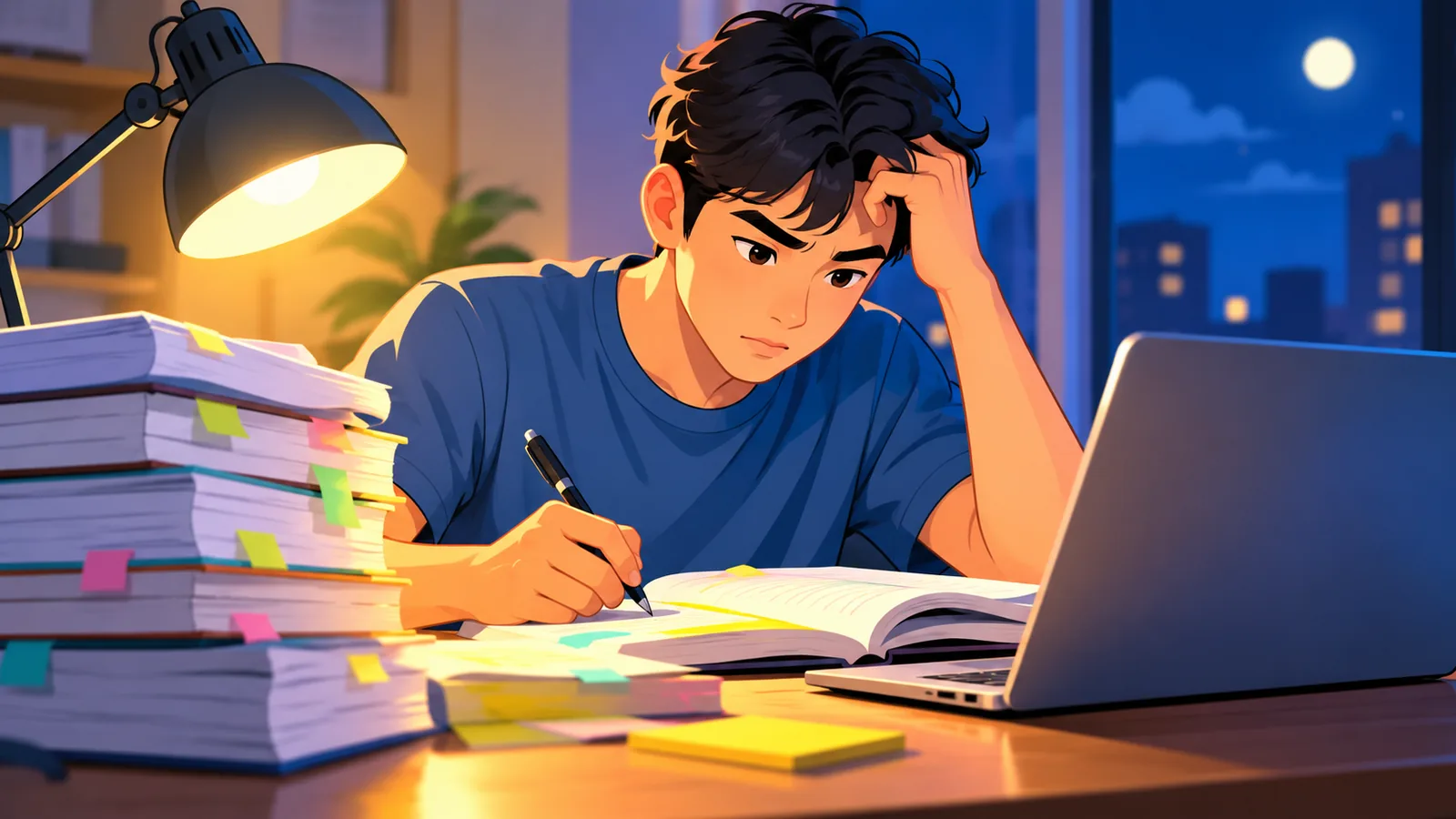 Examinee na nag-aaral sa gabi sa mesang may mga reviewer at laptop