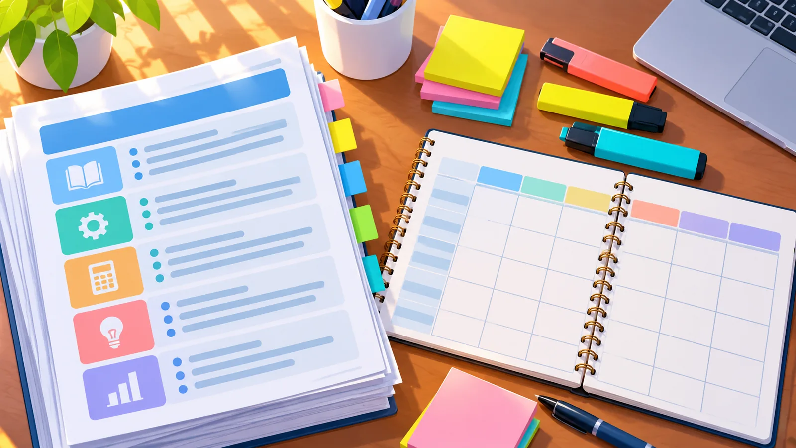 Syllabus, highlighter, at lingguhang planner sa ibabaw ng mesa