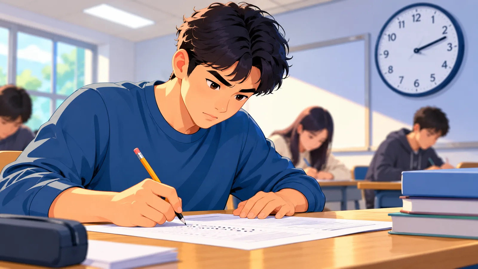 Estudyanteng sumasagot ng mock test na may orasan sa likuran