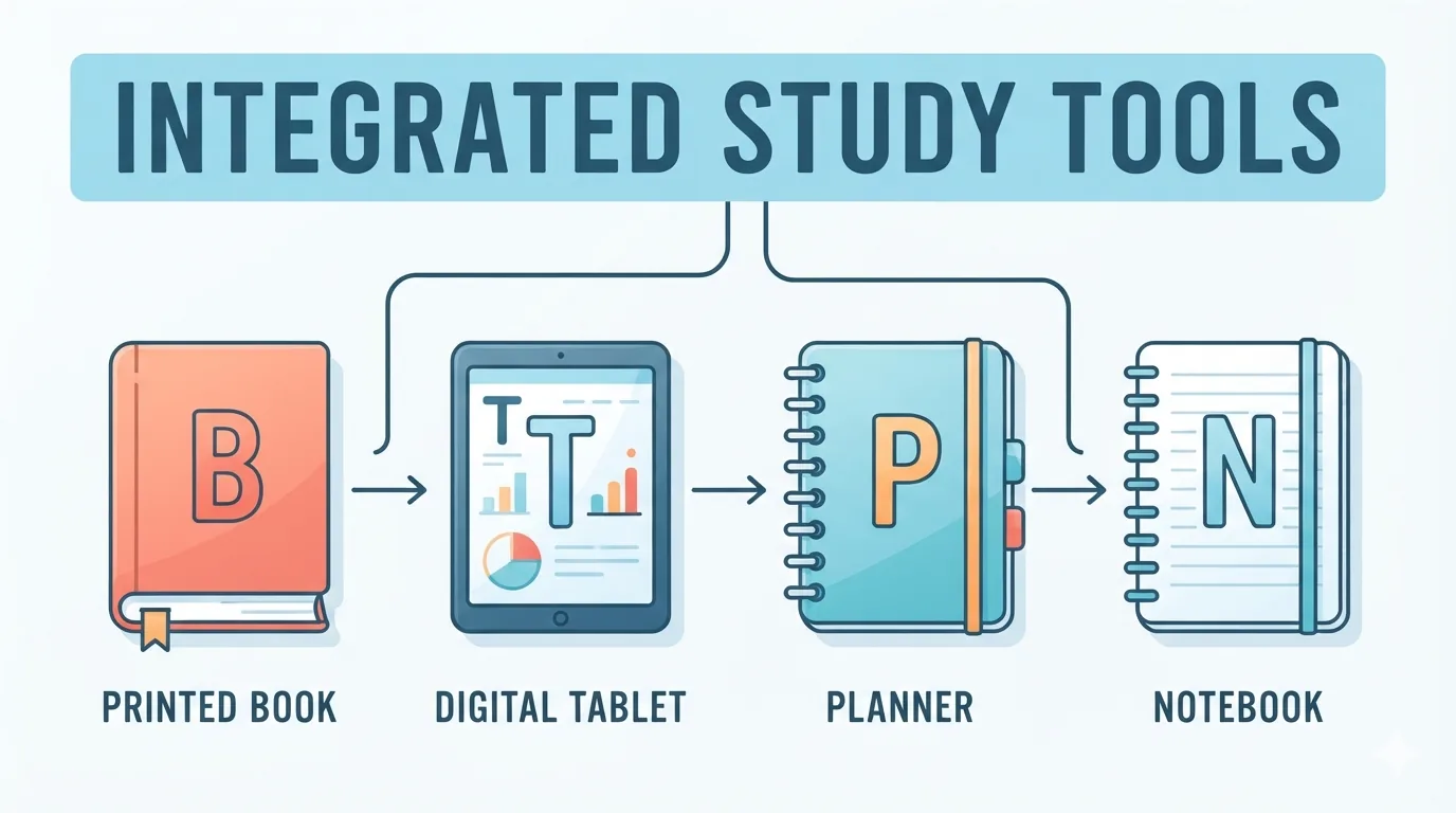 Magkakatabing libro, tablet, planner, at notebook para sa paghahambing