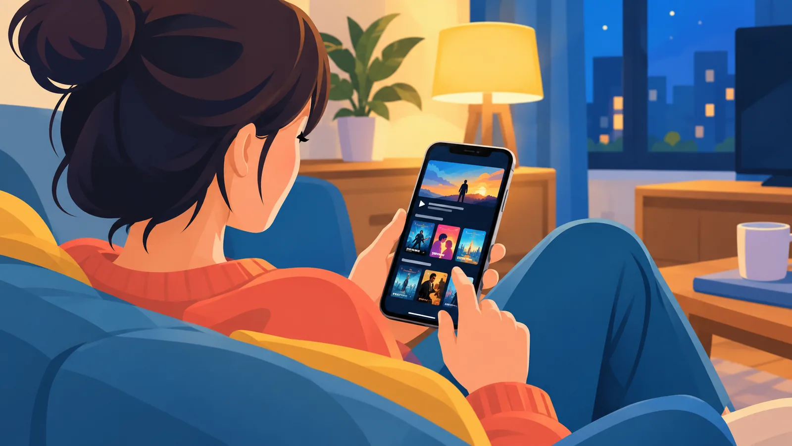 Taong nag-i-scroll sa streaming app sa sofa sa gabi