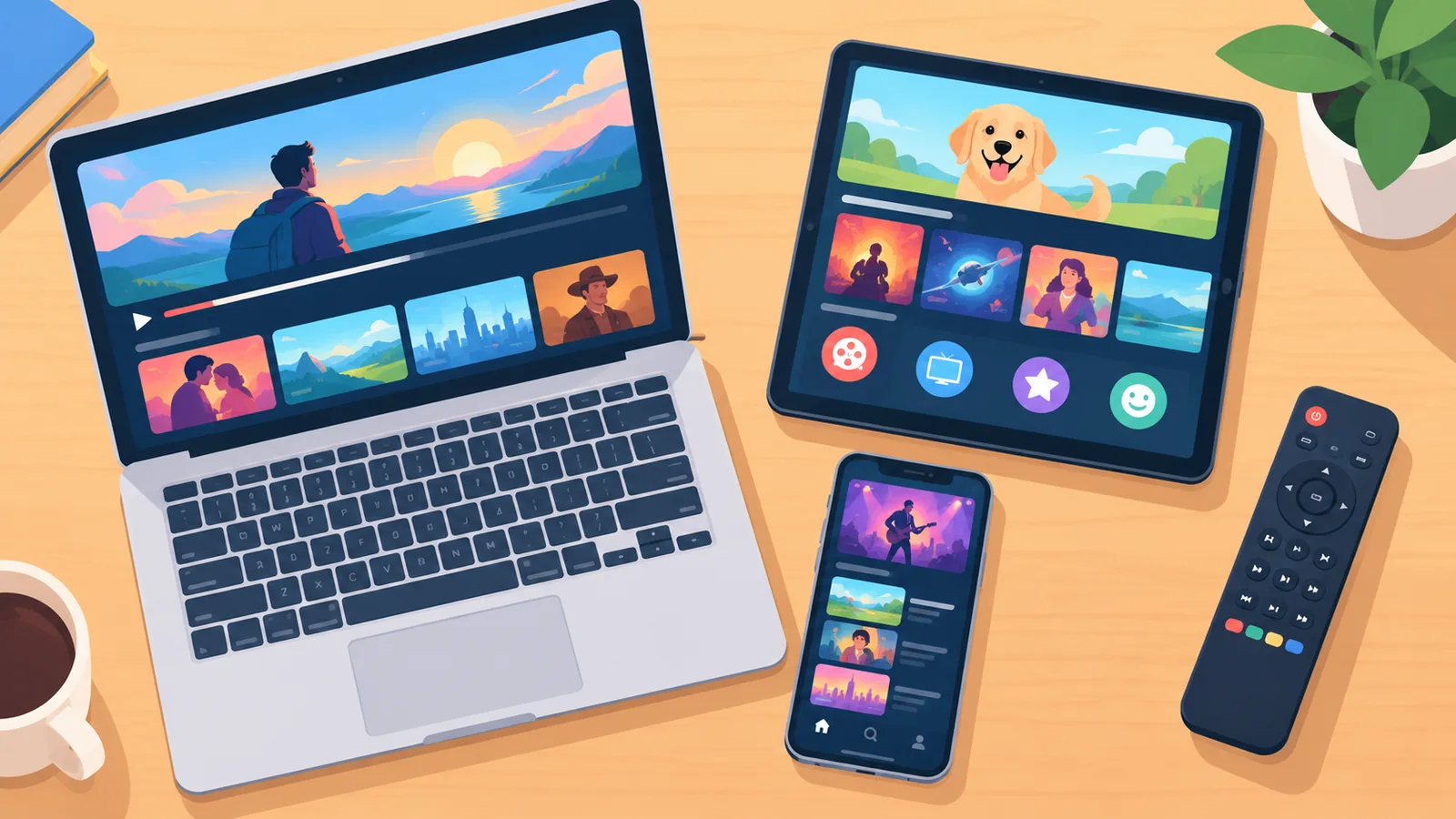 Iba't ibang device na may streaming app sa mesa