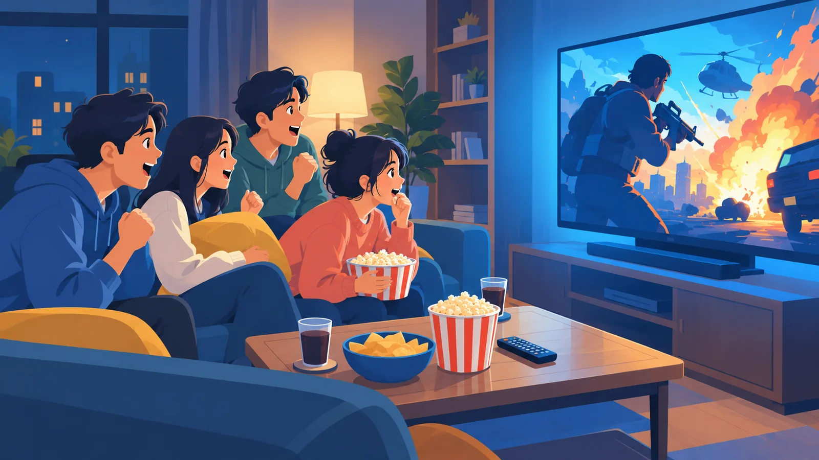 Barkadang nanonood ng aksyon na pelikula sa TV