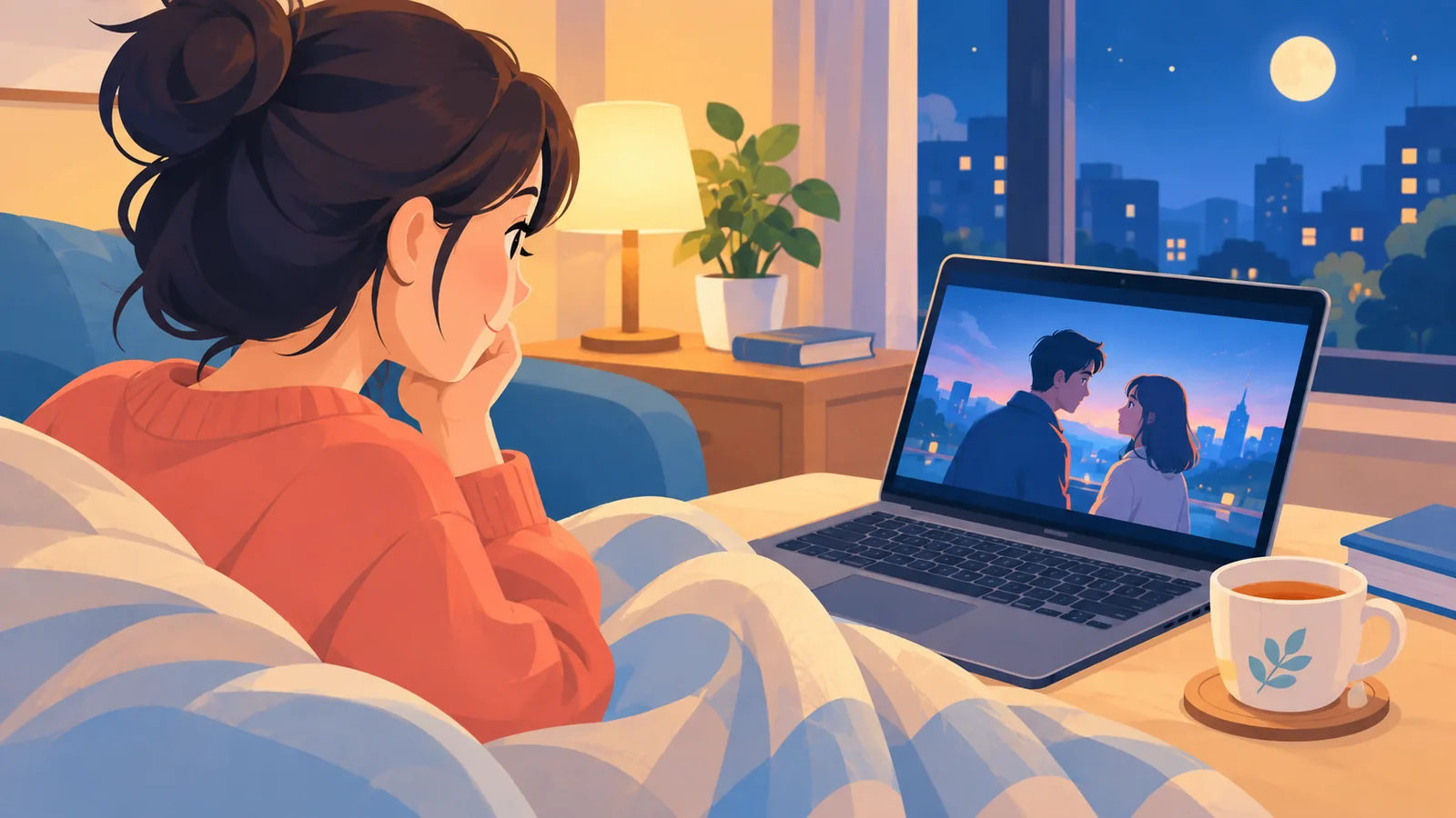 Babaeng mag-isang nanonood ng drama sa laptop