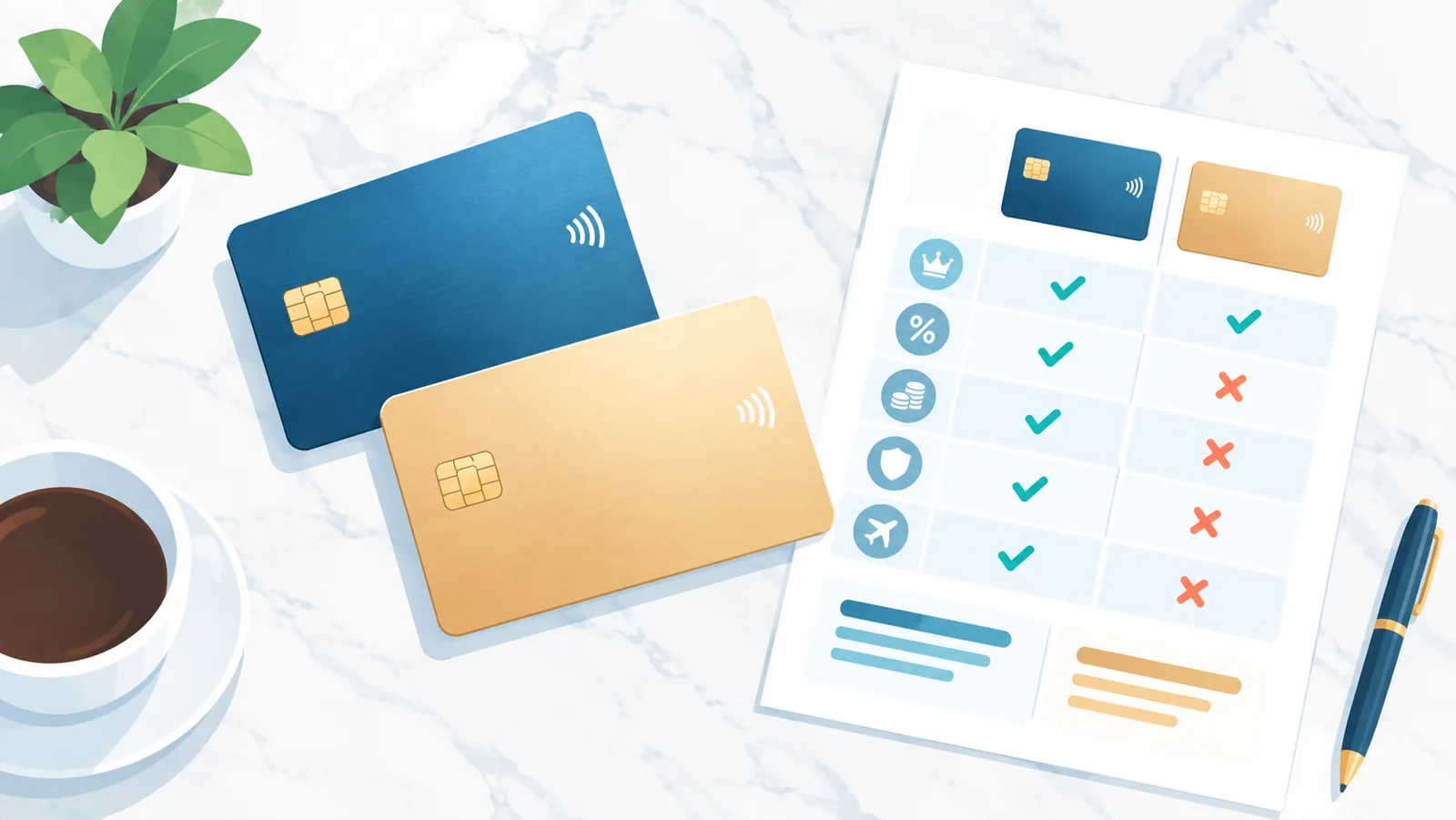 Dalawang uri ng premium card na inihahambing sa mesa