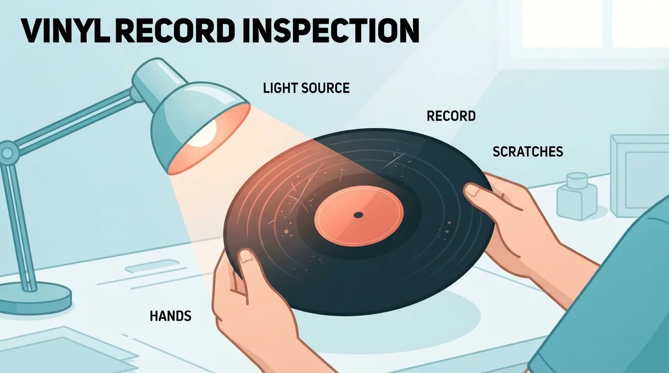 Taong sinusuri ang vinyl record sa ilalim ng maliwanag na ilaw