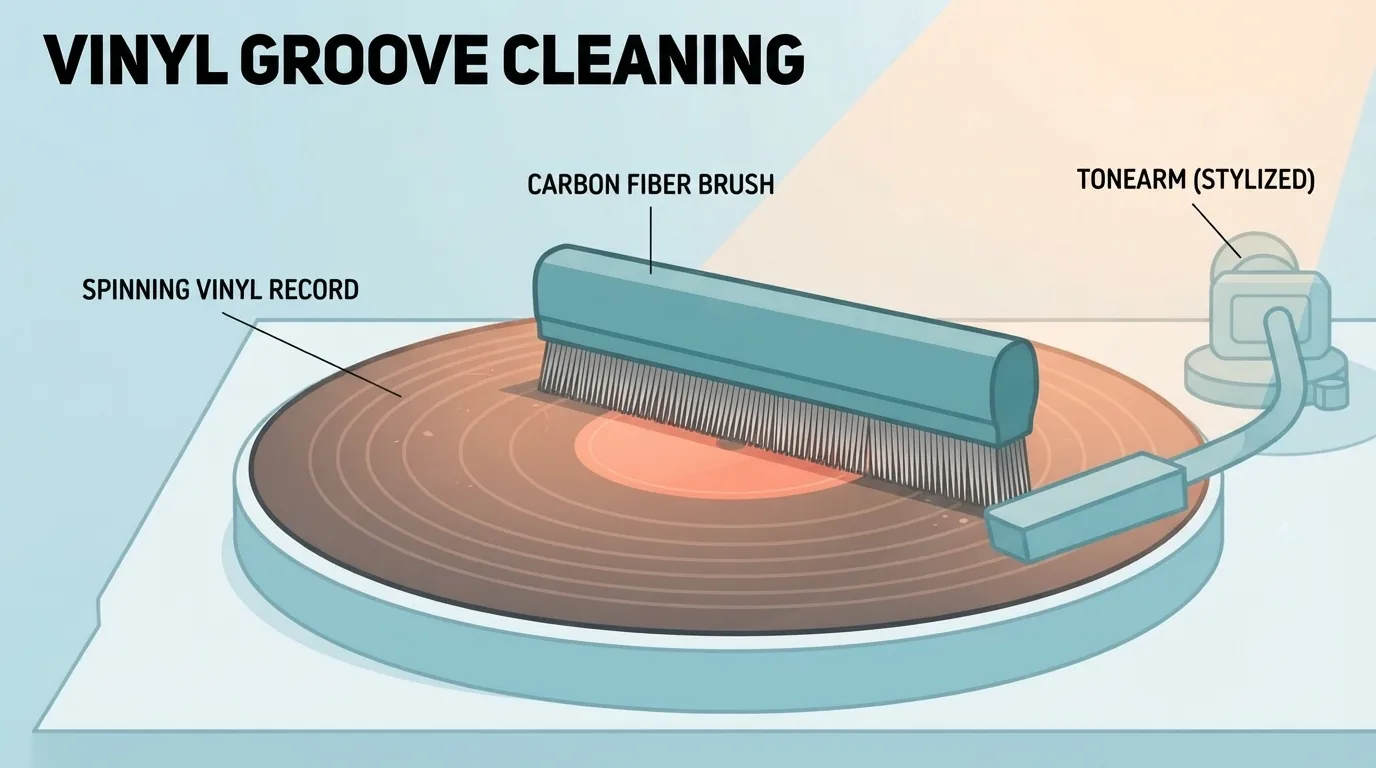 Carbon fiber brush na dumadampi sa umiikot na vinyl record