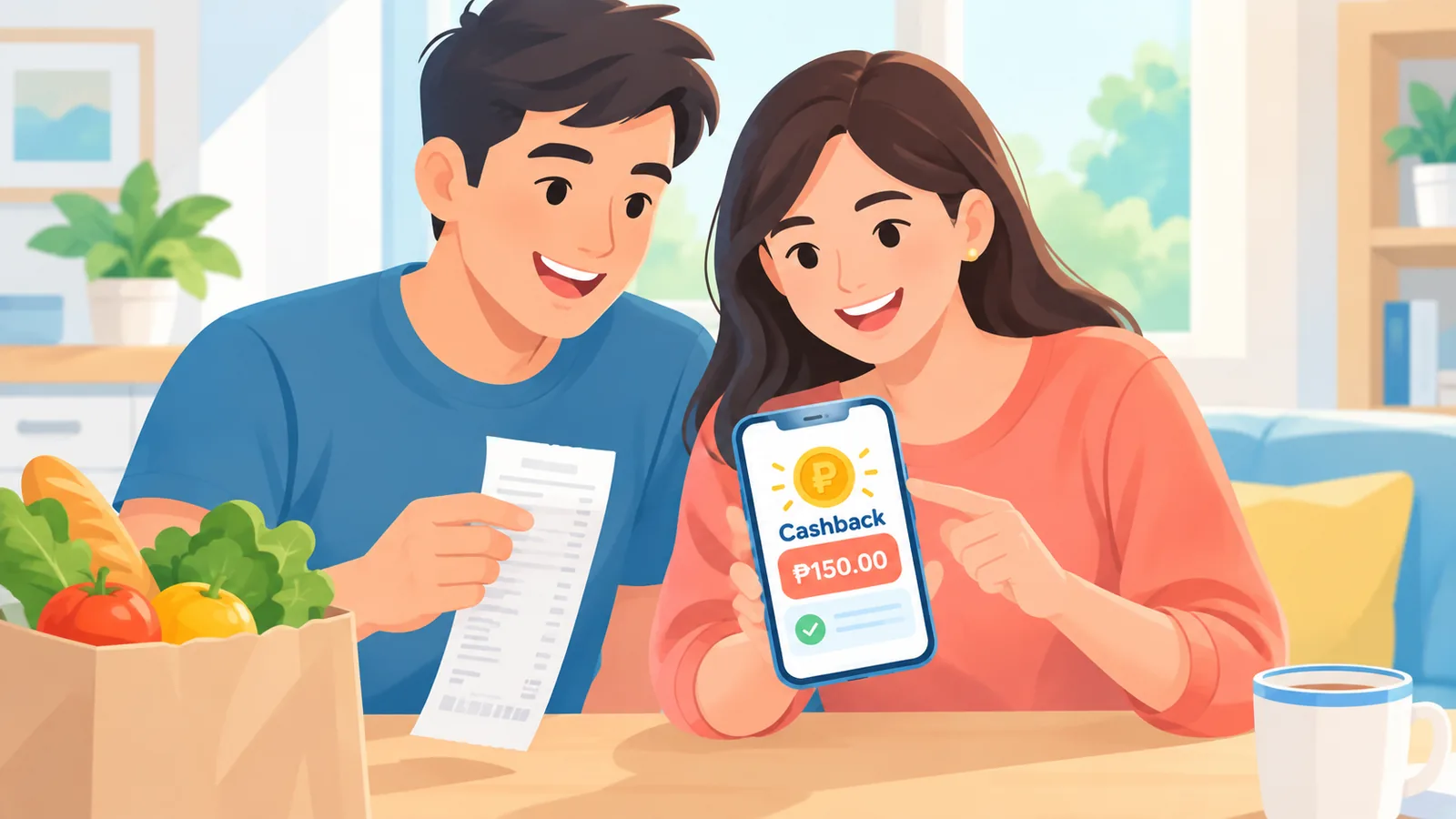 Mag-asawang nagche-check ng discount app para sa grocery