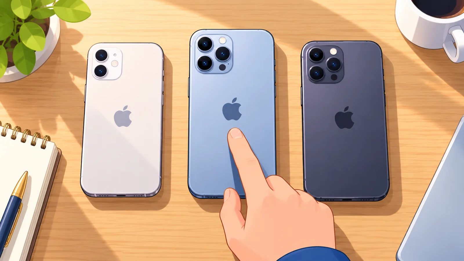 Tatlong iPhone ng magkakaibang modelo na nakahanay sa mesa